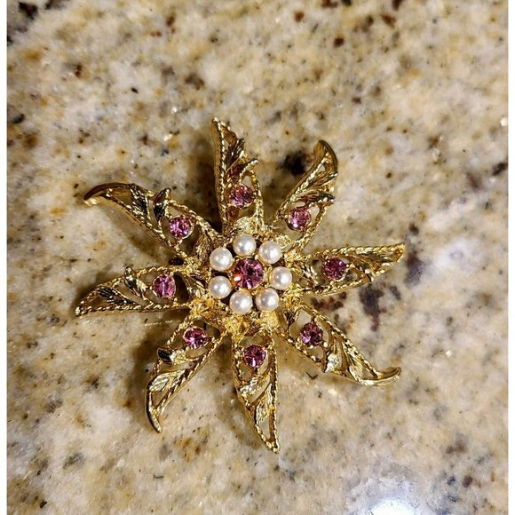 Vtg Gerrys Starburst Flower Gold Tone Pin Brooch Faux Pearl Pink October Stones - Picture 1 of 7